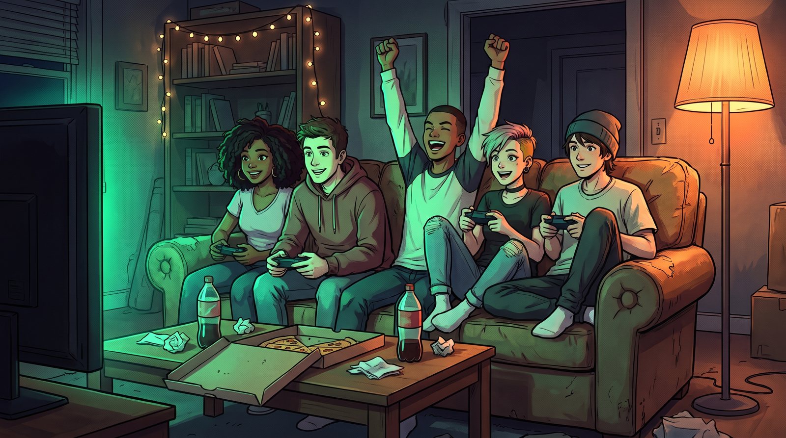 Illustration: friends on a couch playing co-op