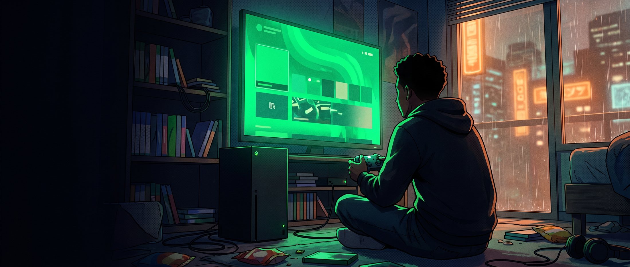Illustration: a gamer on his bedroom floor lit green by the TV, with a rainy neon city outside the window