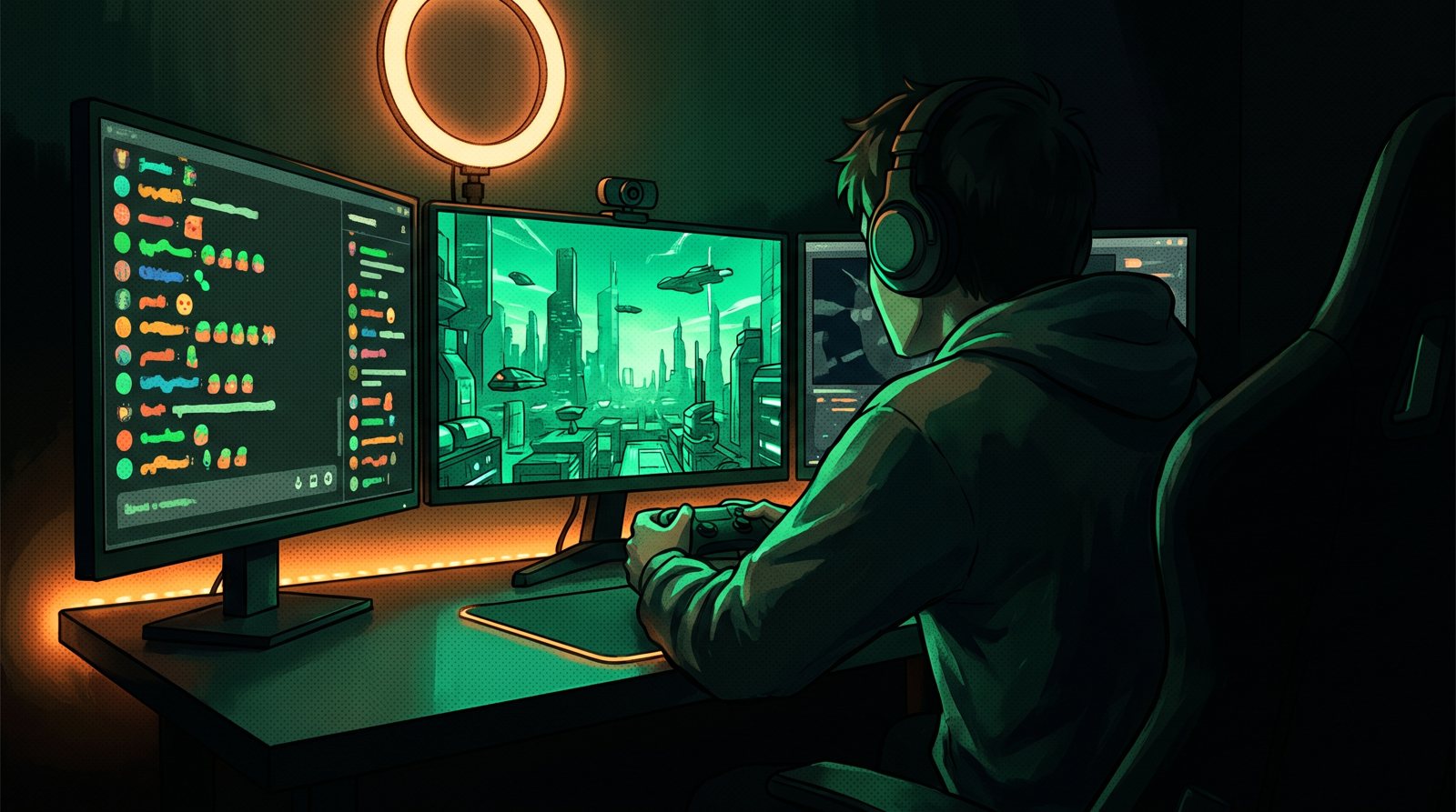 Illustration: a creator at a three-monitor desk lit green and orange