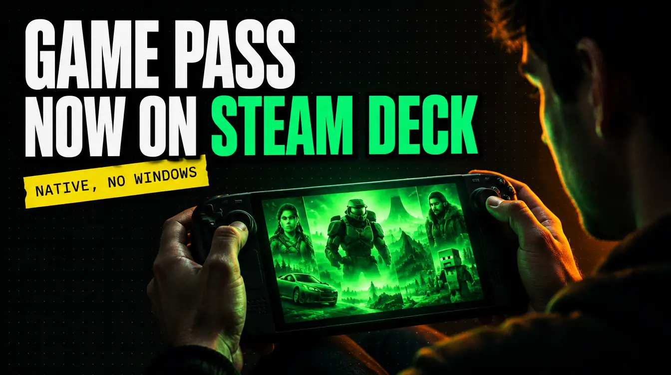 A handheld gaming PC glowing green in a dark room, with the headline "Game Pass, now on Steam Deck"